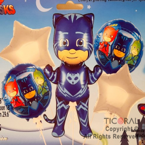 SET DE GLOBOS METALIZADO HEROES EN PIJAMAS AZUL 5 UNIDADES 